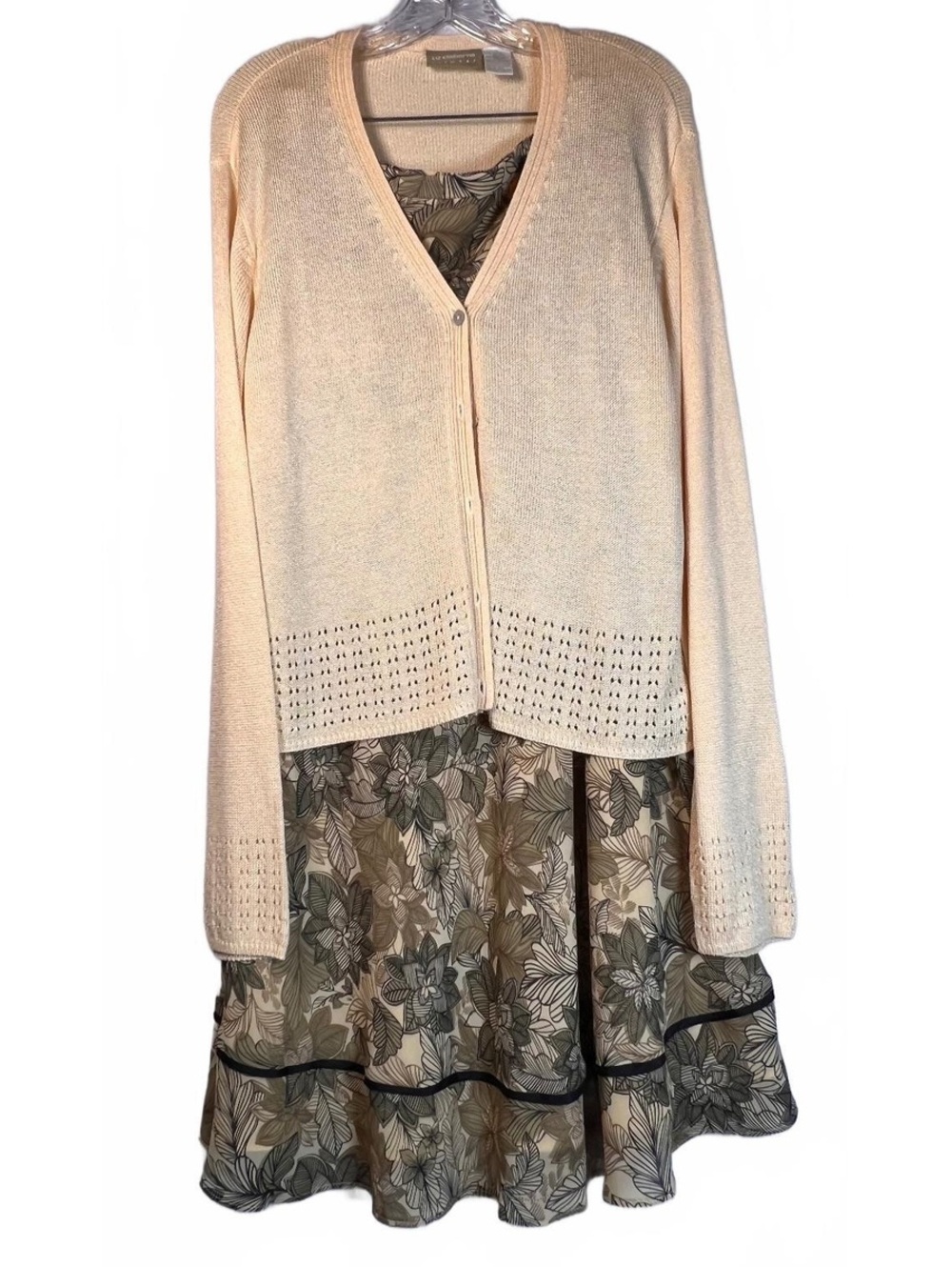 Liz Claiborne Two-Piece Dress Set with Peach Knit Cardigan and Floral Dress